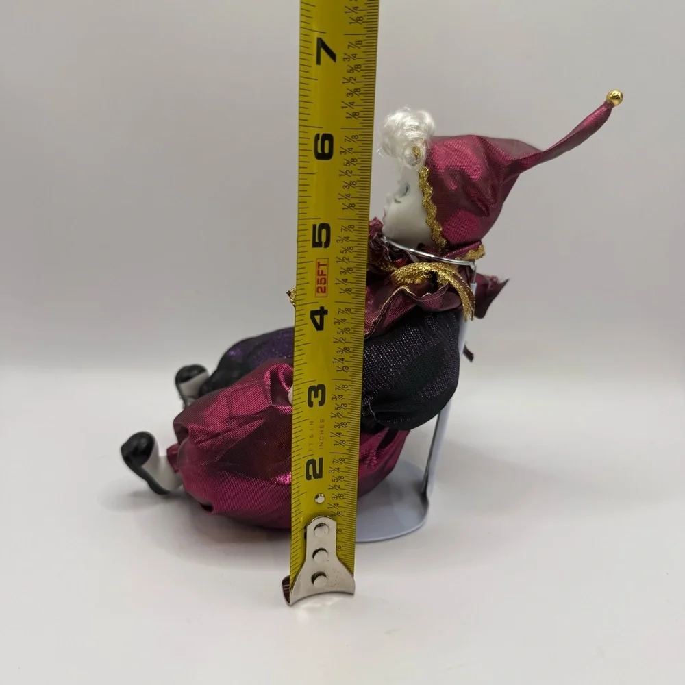 Porcelain Decorative Clown Doll Figurine Purple Pink 6” With Sitting Stand